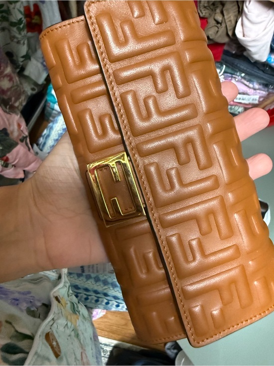 Fendi Handbags - Fendi Embossed Leather Clutch in Cognac with Gold-Tone Hardware
